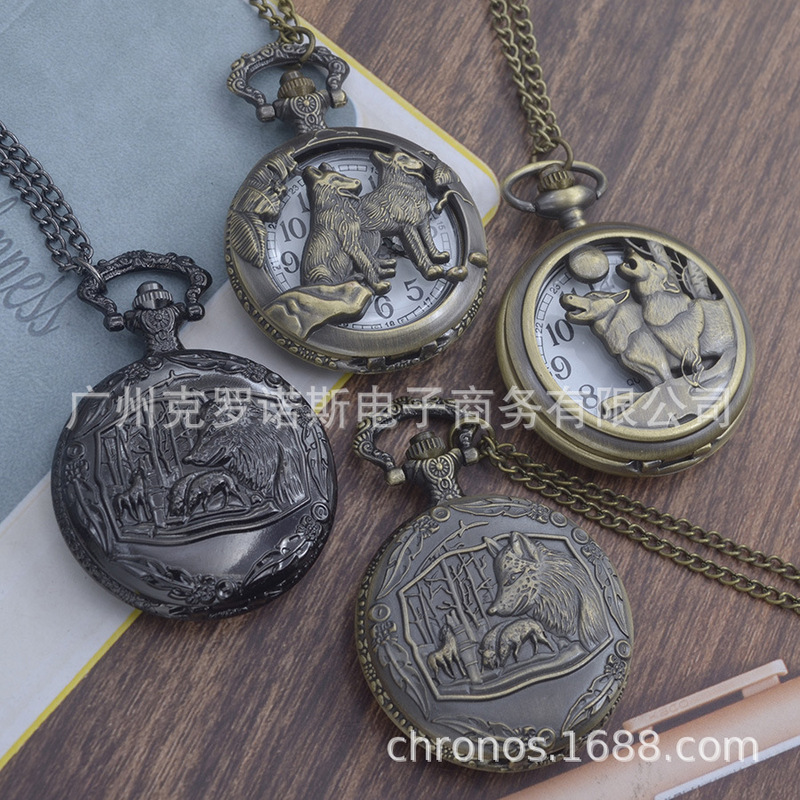 Cross-border Watch Supply Wolf Relief Large Pocket Watch Wholesale Memorial Gift Necklace Pocket Watch Hollow Wolf Dog Figure