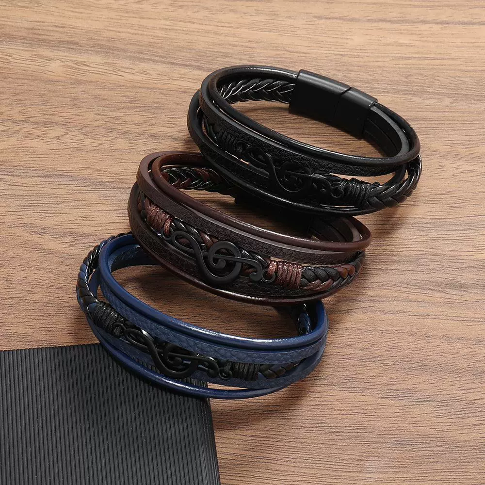 Men's PU Leather Bracelet RH360, Multi-Layer Beaded & Alloy Accents, 21.5 cm