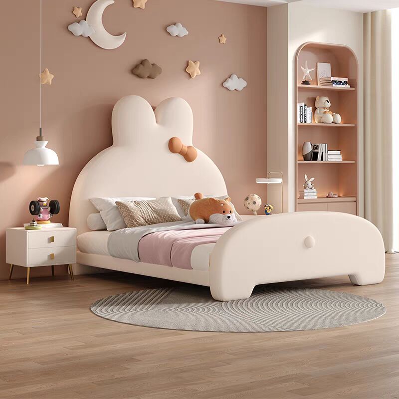 High-End Luxury Girls Pink Princess Bed Girl Girl Solid Wood Rabbit Ears Leather Kidsren's Bed Bedroom Leather Bed