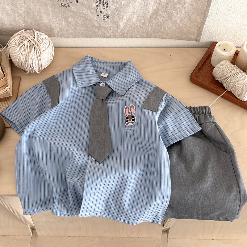 Rabbit Police Officer] Boy's Shirt suit 2025 Summer New Striped Simple College Rabbit Embroidered Two-Piece Set
