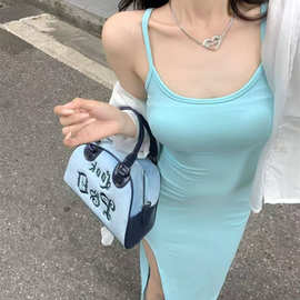 纯欲风吊带连衣裙女新款蓝色修身显瘦开叉裙子辣妹无袖包臀中长裙