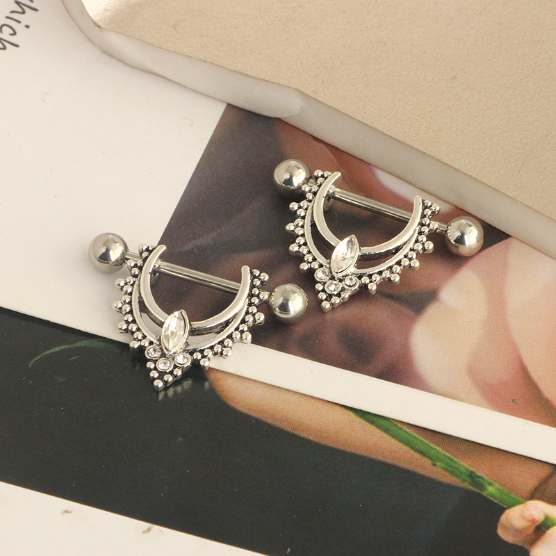 Stainless Steel Nipple Ring Double Treasure Stone Nail Barbell Ring 1.6mm Personality Nipple Piercing Jewelry European American Single New Product detail image 8