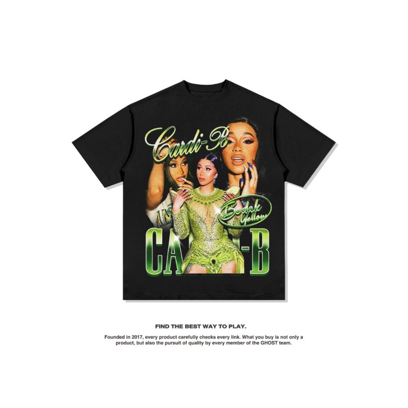 Tarjeta hermana Cardi B Europa y América hip-hop rap americano street hip-hop marca de moda estampado retro desgastado lavado manga corta