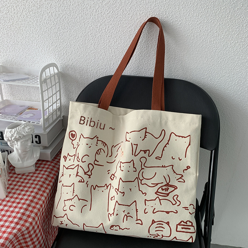 2024 Art Design Carino Animale Dipinto a Mano Illustrazione Borsa a Tracolla Borsa da Scuola Borsa Artistica Retro Grande Capacità Borsa in Tela Donna_voghion.com
