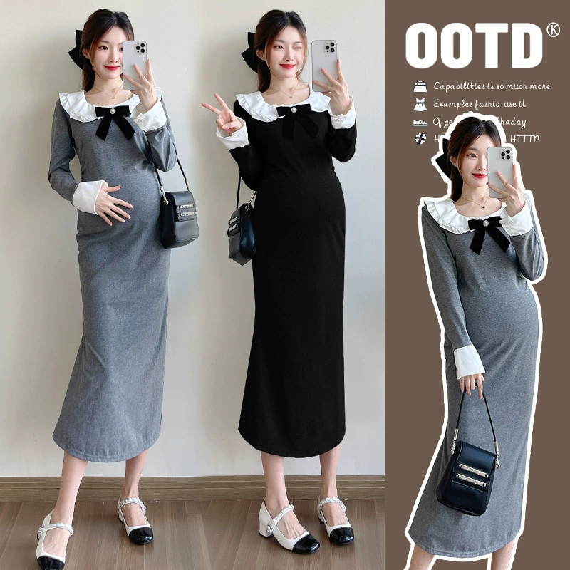 Платье для беременных нежное школьное осеннее детское воротник с бантом с длинными рукавами хлопковое платье для женщин темперамент для беременных