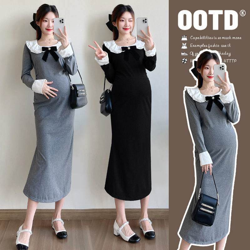 Pregnancy dress Gentle College Style Autumn Doll Collar Bow Long Sleeve Cotton dress Lady Temperament Maternity Dress Pregnancy dress Gentle College Style Autumn Doll Collar Bow Long Sleeve Cotton dress Lady Temperament Maternity Dress