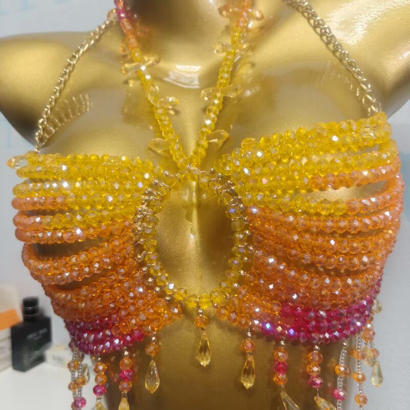 Xlsj166 New European and American Style Handmade Beaded Tassel Chest Chain Camisole for Women Beach Party Sexy Bodywear