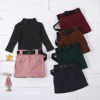 Children’s high collar long sleeve solid color top belt tooling short skirt children’s suit