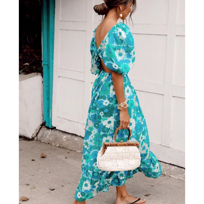 Summer Print V-Neck Open Back Tie Puff Sleeve Midi Maxi Dresses