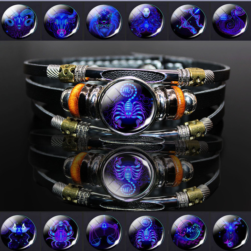 European and American Retro Twelve Constellation Luminous Bracelet Hip Hop Punk Street Photographic Leather Bracelet Men's and Women's Couple's Hand Jewelry