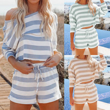2025欧美风跨境女装亚马逊独立站圆领条纹长袖上衣休闲短裤2件套