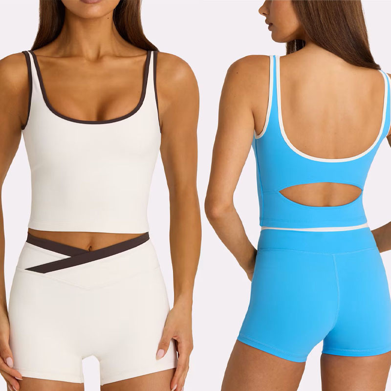 Europa y los Estados Unidos rápidamente seco transpirable color contraste diseño de borde cintura alta abdominal cruzado pantalones de ciclismo entrenamiento para correr conjunto de fitness