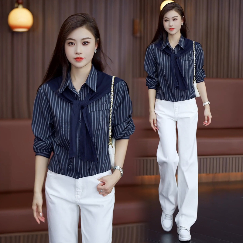 时尚设计感条纹衬衫女2025秋季新款洋气宽松显瘦长袖披肩式衬衣潮|undefined