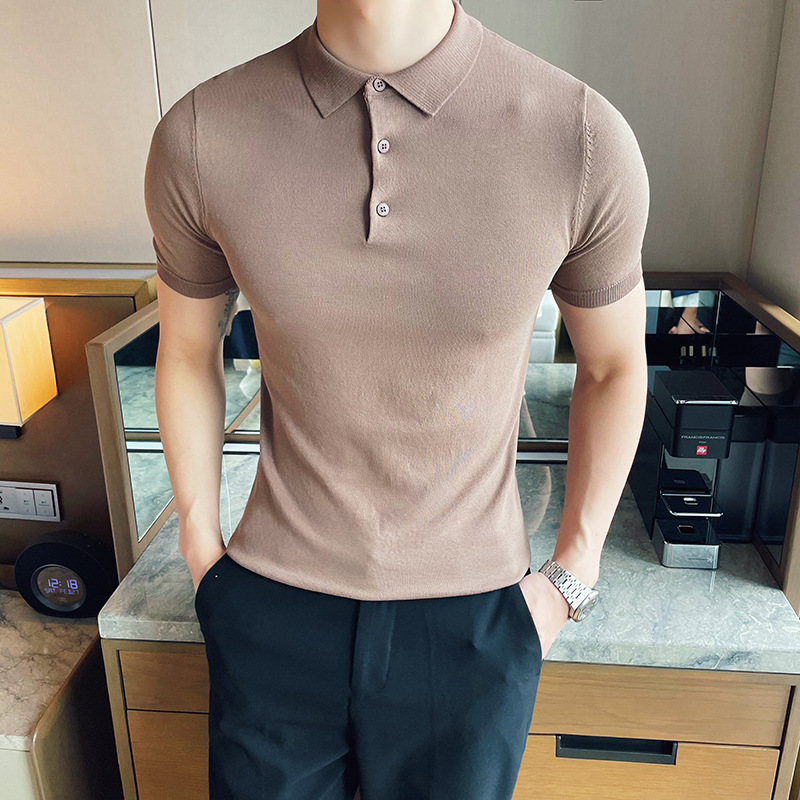 2021 Summer New Men's Menswear British Slim-fit Casual Fashion Gentleman Knitted Solid Color Short-sleeved Polo Shirt Trendy