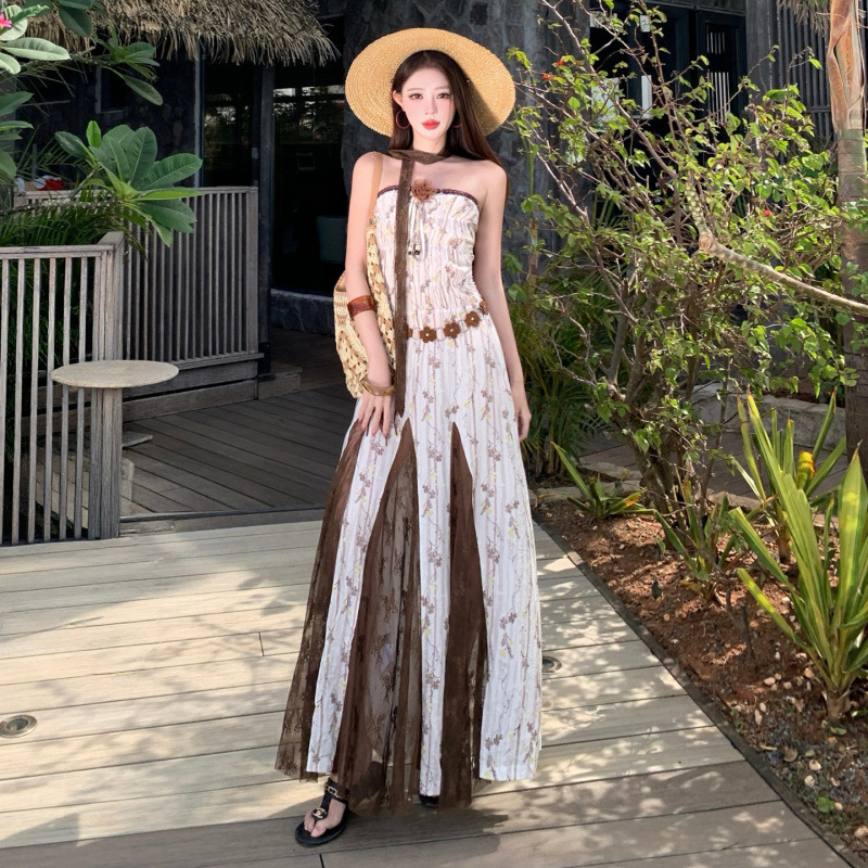 2026 High-End Design Bohemian Style Floral Tube Top Long Dress Sanya Travel Vacation Dress