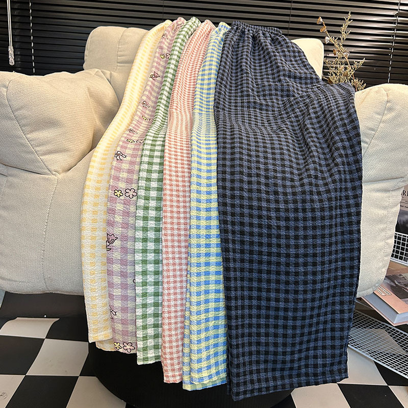[Plaid Pants] Pink Plaid Blue Plaid Pajama Pants Summer Thin Men's and Women's Walking Pants Outer Wear Walking Home Pants