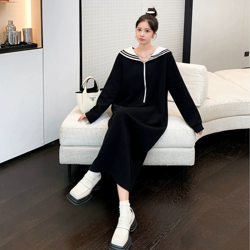 Настоящий выстрел 2023 осень и зима Новое длинное легкое теплое Композитное платье-свитер на молнии больших размеров с воздушным слоем и темно-синим воротником