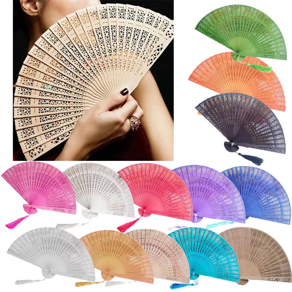 Fuente transfronteriza juegos de boda hechos a mano ventilador DIY teñido ventilador de madera hueco tallado ventilador de madera puede serigrafía