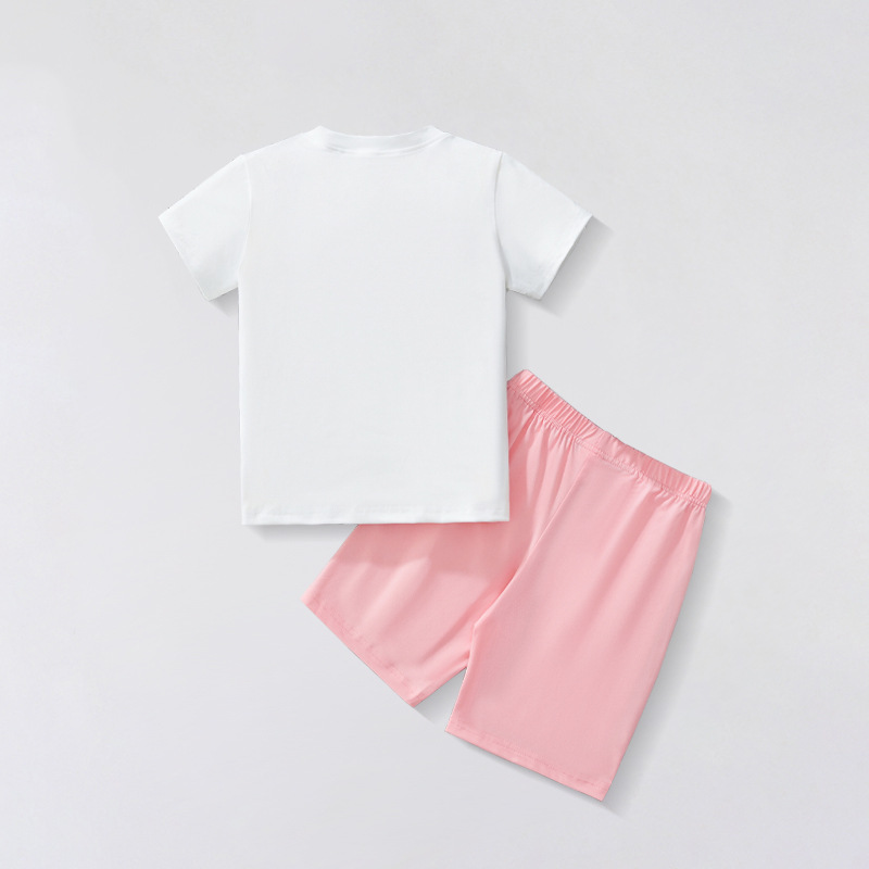 Traje de verano para niños, top, pantalón, traje de dos piezas, pantalones cortos casuales de manga corta para niñas 2025, ropa para niños de estilo europeo y americano al por mayor