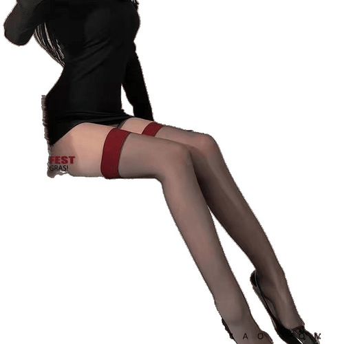 Red Edge Black Stockings with Butterfly Bow, Thigh-High Black Stockings, Long Stockings, Knee-High Black Stockings, JK Style, Slimming, Ultra-Thin, Bare Sensation Sy