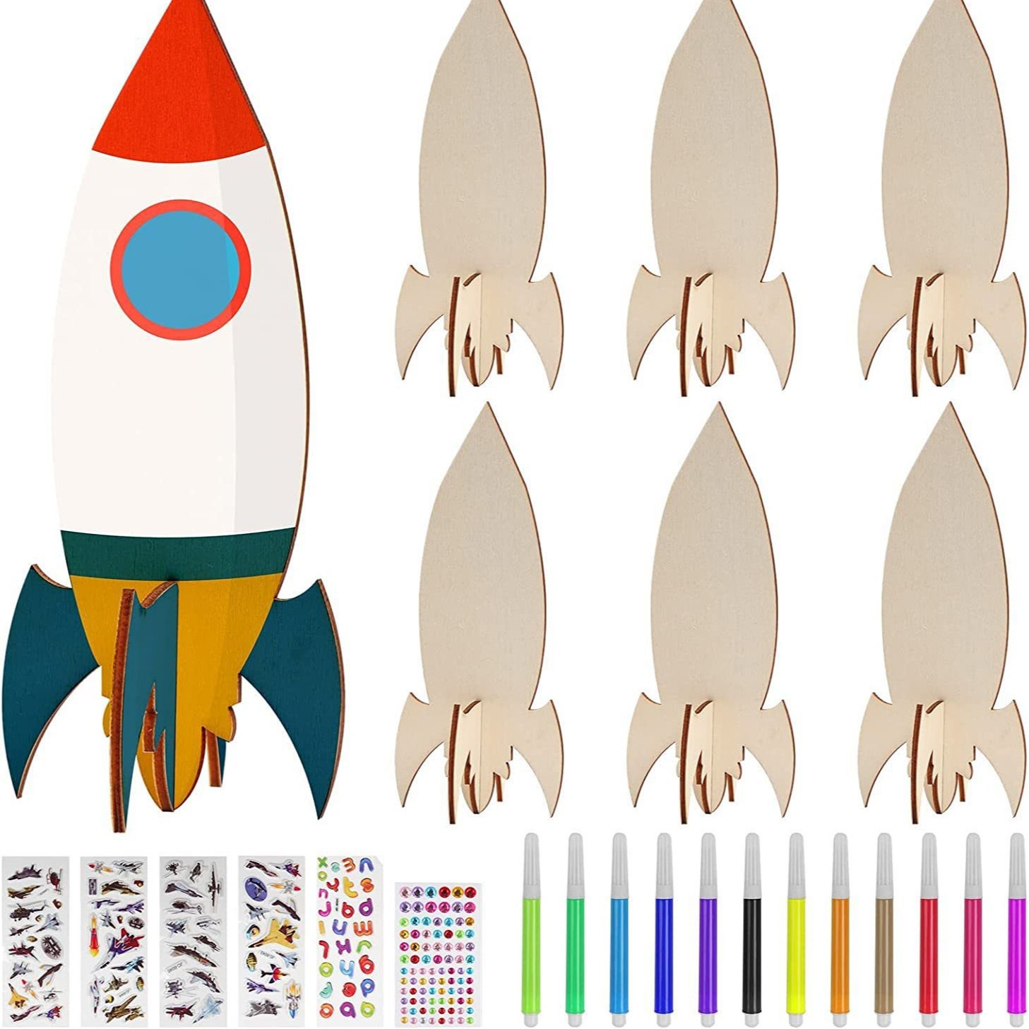 12件火箭木制工艺品套装 火箭画形状未完成的木制剪纸工艺品
