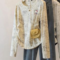 扎染不规则长袖t恤打底衫2025新款早秋修身巨显瘦褶皱短款上衣ins