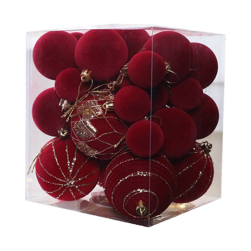 Juego de adornos navideños de terciopelo burdeos – 36 piezas de decoración navideña moderna acabada a mano para árboles y repisas (8 cm/6 cm/4 cm)_voghion.com