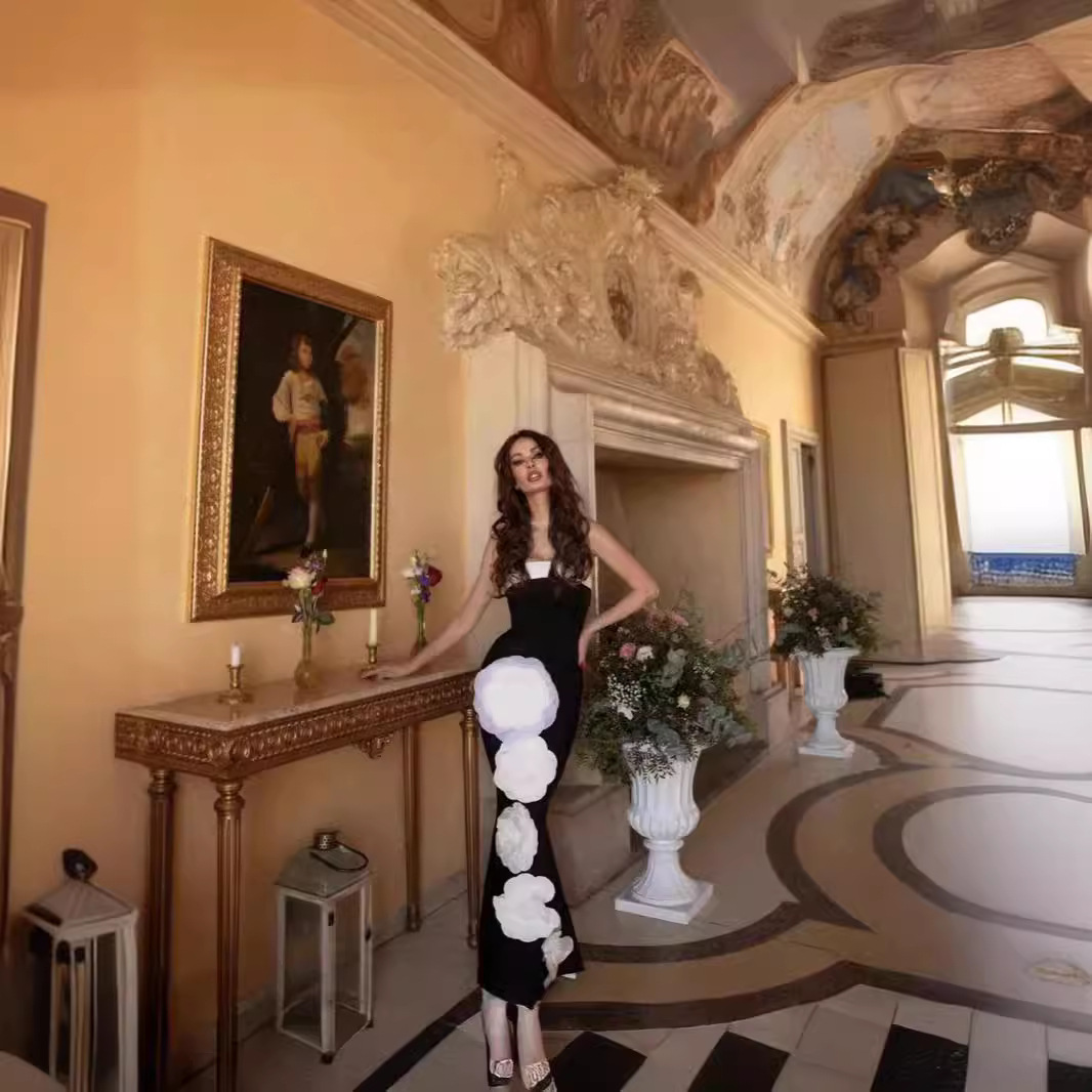 European and American High-end Women's Three-dimensional Flower Tube Top Dress Women's Light Luxury High-end Elegant Long Sleeveless Fishtail Bandage Dress