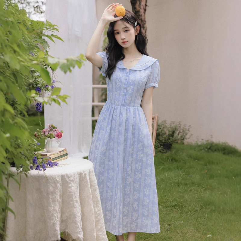 Women's 2025 Summer Thirteen Lines New French Sweet Navy Collar Puff Sleeve Printed Embroidery Fresh Dress Women's 2025 Summer Thirteen Lines New French Sweet Navy Collar Puff Sleeve Printed Embroidery Fresh Dress