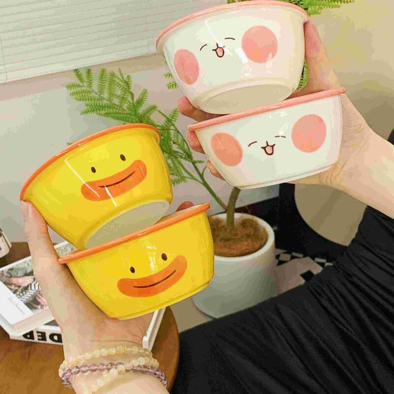 Cute Cartoon Rice Bowl Set for Student Dormitories, Creative Ceramic Bowl with Lid and Double Handles, Cute Home-Use Instant Noodle Bowl