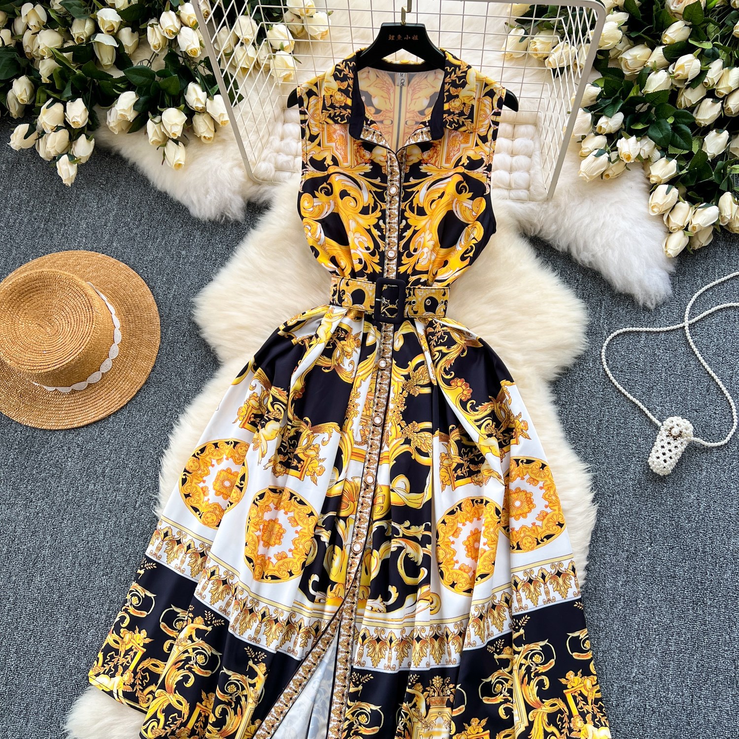 Vintage Baroque Print Sleeveless Dress – High Waist A-Line Dress With 3D Floral Embroidery (5 Sizes, Breathable Stretch Fabric)_ecoleips.com