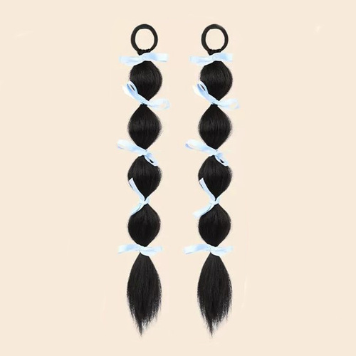 Factory Hot Sale Female Horse Tail Hair Band with Ribbon, Bubble Ponytail Hair Band Style Fake Boxing Braids Hair Extensions in Stock