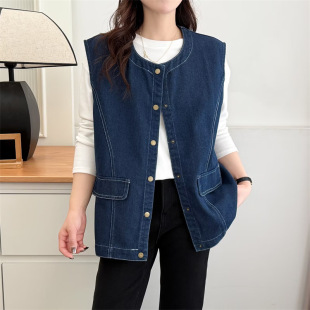 2025 spring Denim vest plus size women's round neck slim niche vest cardigan fat girl vest fashion 8289
