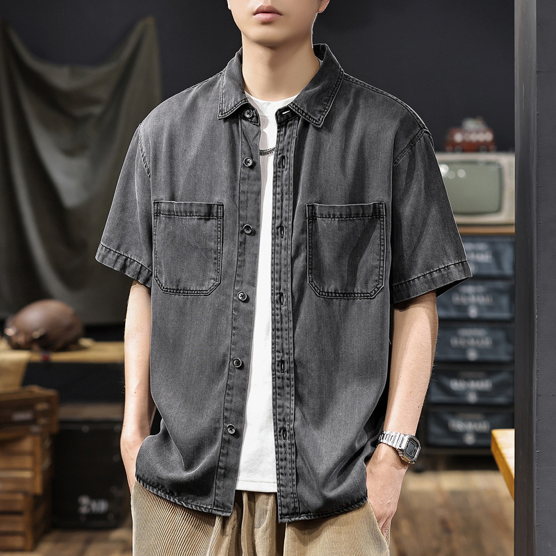 Tencel Cool, Soft and Comfortable Denim Shirt for Men 2025 Summer New Style Washed Retro Short-Sleeved Work Shirt Tencel Cool, Soft and Comfortable Denim Shirt for Men 2025 Summer New Style Washed Retro Short-Sleeved Work Shirt