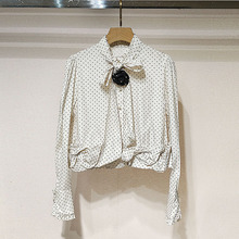 1件起批2025春女装少女蝴蝶结绑带黑白波点设计感立领衬衫S250233