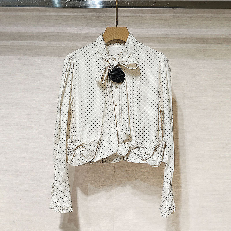 1件起批2025春女装少女蝴蝶结绑带黑白波点设计感立领衬衫S250233
