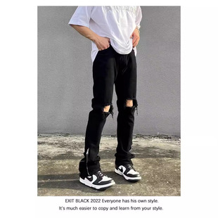 European and American High Street Black Ripped Zipper Split Jeans Men's Trendy American Style Thin Straight Tube Micro Horn Trousers