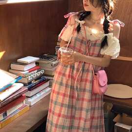 大码女装法式学院风甜美连衣裙夏季假两件吊带裙胖MM宽松显瘦裙子