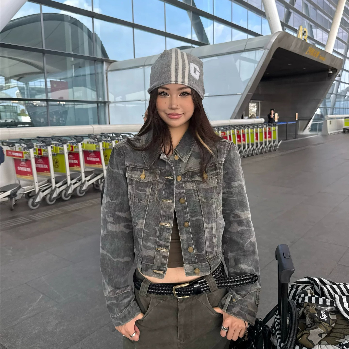 跨境专供美式复古迷彩结构工装短款牛仔外套女宽松休闲夹克上衣潮