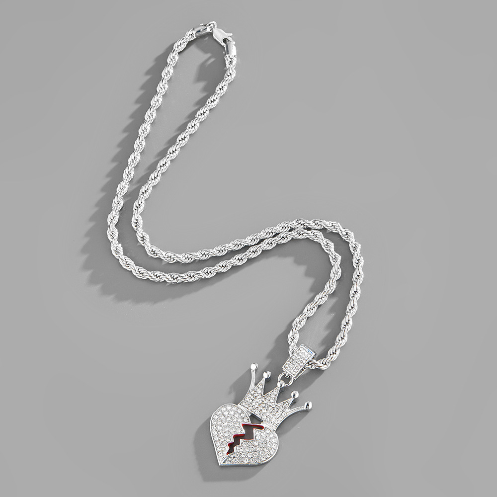 Love Crown Broken Heart Pendant Street Style Full of Diamond Lovers Necklace_voghion.com