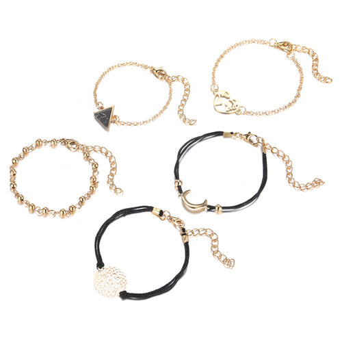 Factory-direct cross-border bracelet set: 5-piece ensemble featuring European and American-style triangular black turquoise alloy moon bracelets.