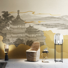 现代中式轻奢风景山水楼阁卧室沙发背景墙纸壁布茶室壁画