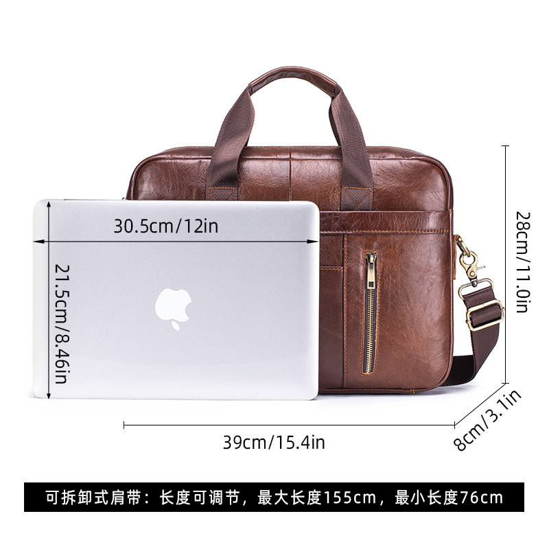 Cặp da bò thật công sở nam đựng laptop 15.6 inch, xách tay đeo vai — Nâu cà phê, Đen, Nâu nhạt