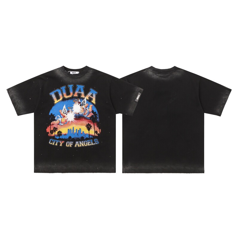 2026Ss Street Fashion Brand Duaa Tee Cross-Border New Vintage Distressed Rhinestone Ripped Short-Sleeve T-Shirt for Men and Women Summer