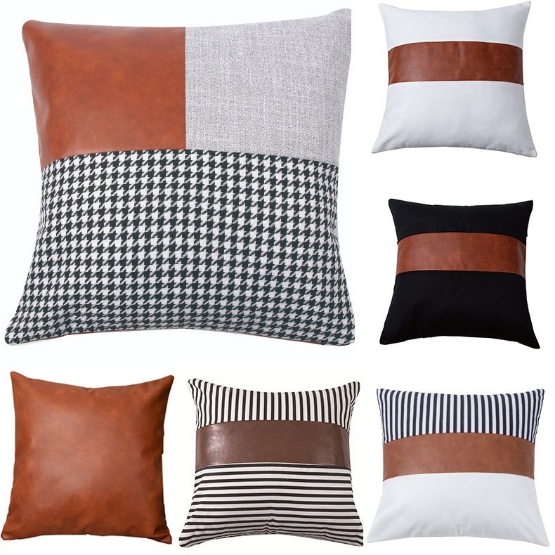 Nordic Leather Patchwork Canvas Pillow Simple Backrest Home Pillow Bedside Cushion Sofa Pillowcase Wholesale