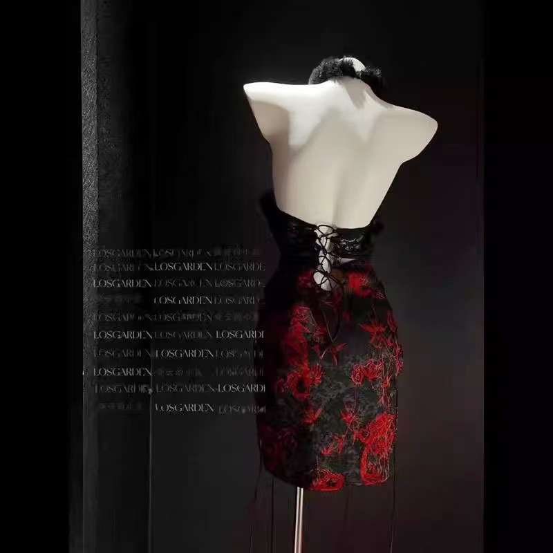 Ancient-Style Cheongsam Lingerie Nightdress with High Slit, Polyester, One Size — detail image 3