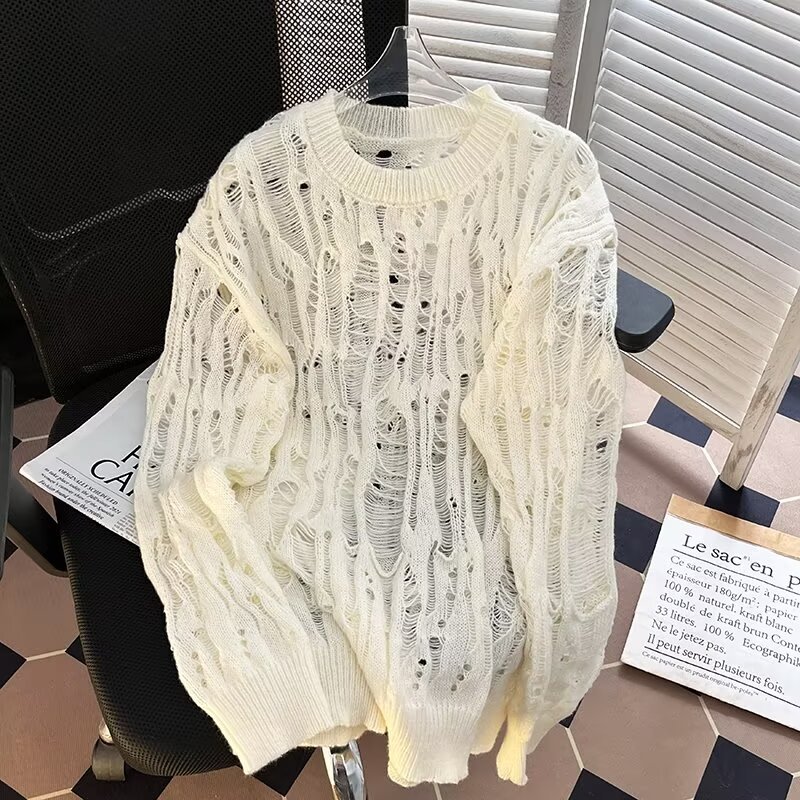 Übergroßer, lässiger Strickpullover für Herren mit einzigartigem Cut-Out-Design. Lockere Passform, lange Ärmel, bequemer Pullover für den Alltag (mehrere Farben)_voghion.com