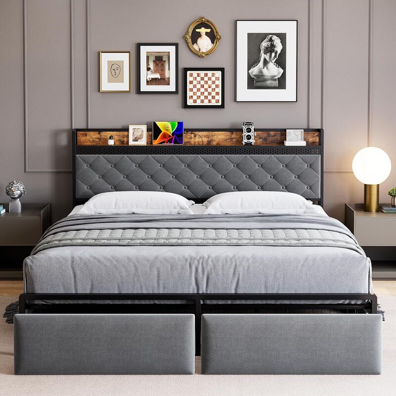 Queen Size Bed Frame with LED Light Headboard Storage Headboard Upholstered Platform Bed with USB Port and Socket Queen Size Bed Frame with LED Light Headboard Storage Headboard Upholstered Platform Bed with USB Port and Socket