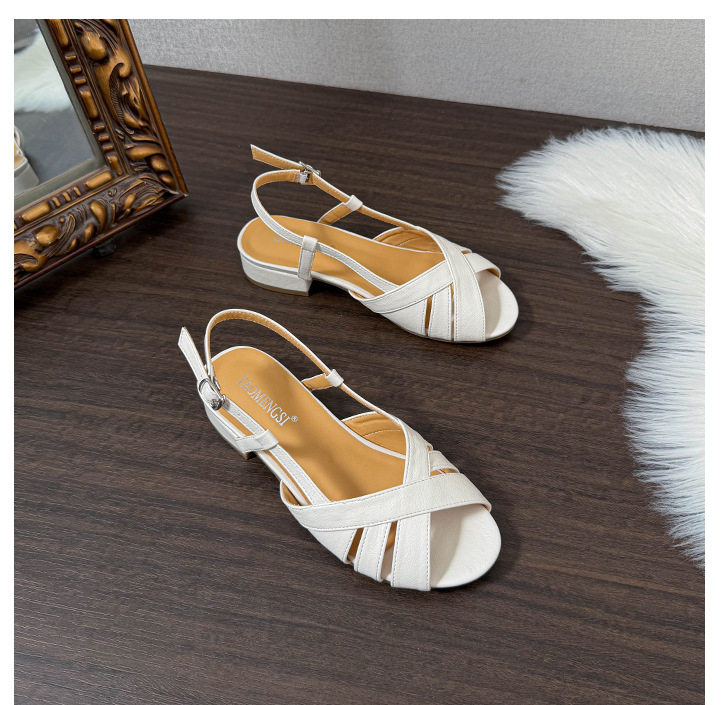 Giày sandal nữ kiểu La Mã quai ngang bít mũi, gót thô 3 cm — Màu trắng ngà chi tiết 15
