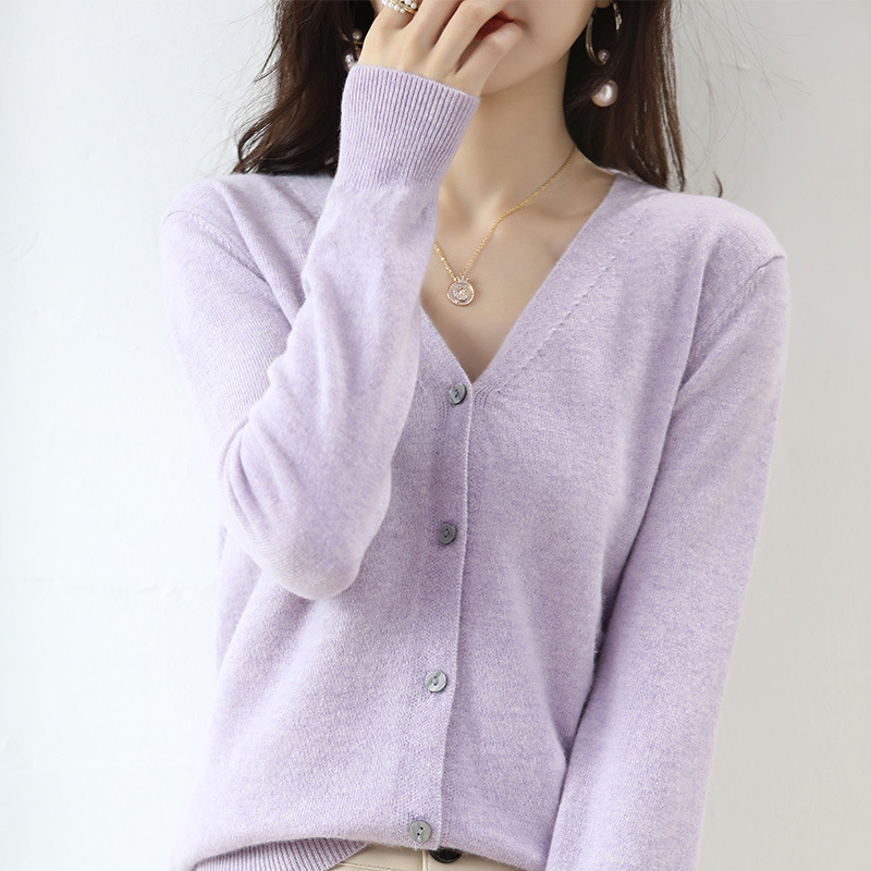 春と秋の新型vネックニットカーディガンの女性服のゆったりとした大きいサイズの純色のセーターの短いコートの上着|undefined